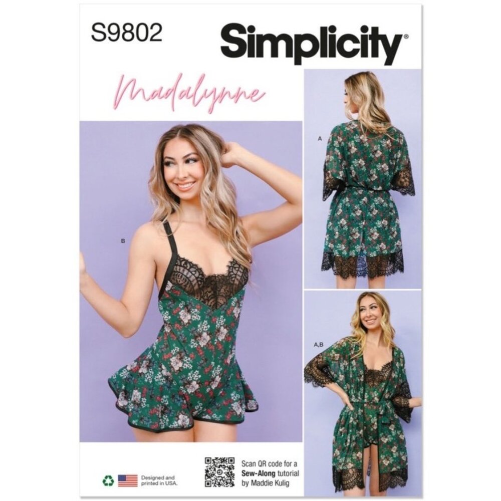 Simplicity Pattern 9802 Madalynne Robe Teddy Lingerie Sizes Plus BB, 1X - 5X New
